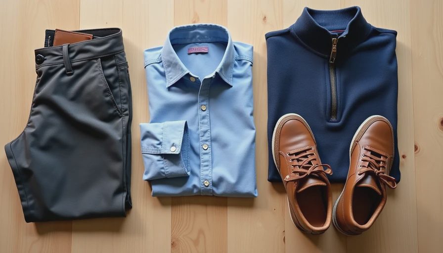Complete 90-second school morning outfit flat lay with chinos, oxford, and accessories