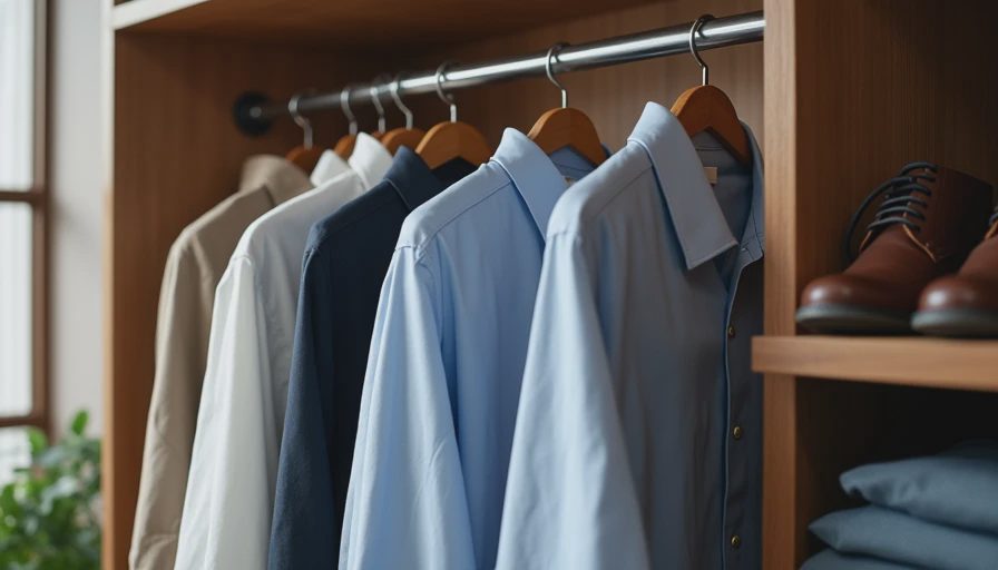 Neatly organized men's closet with versatile shirts and chinos after wardrobe purge