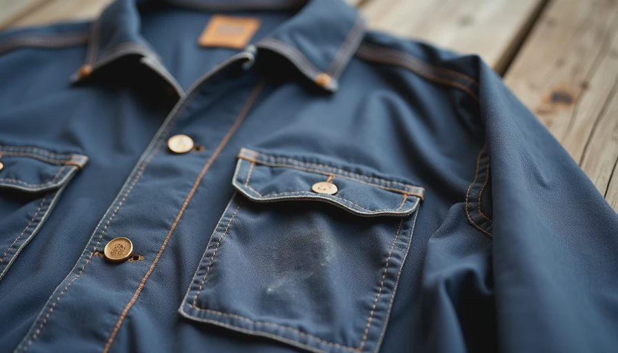 Close-up of navy twill jacket showing real barbecue wear and durability details