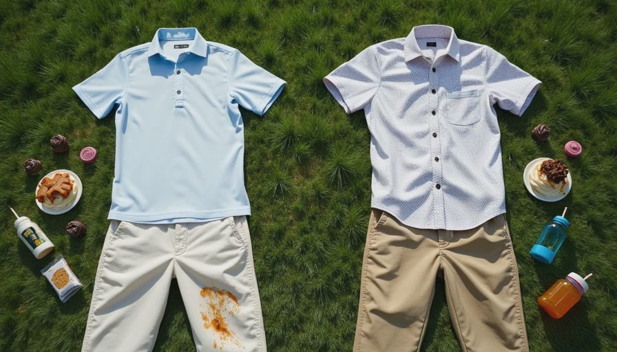 Before and after comparison of clothes after surviving a kids' birthday party