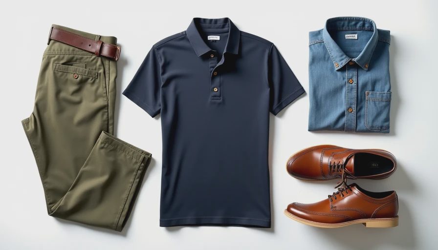 Complete versatile Friday casual outfit flat lay with chinos and polo